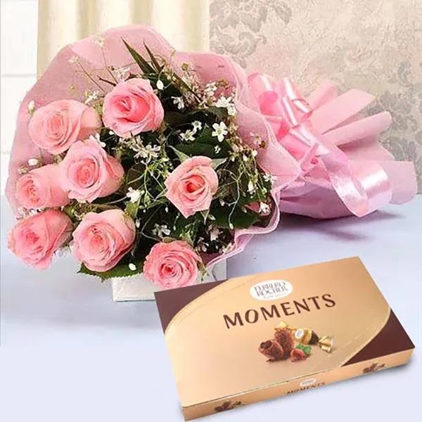 Send Pink Roses in Bouquet with Moments Chocolate for Rose Day Online