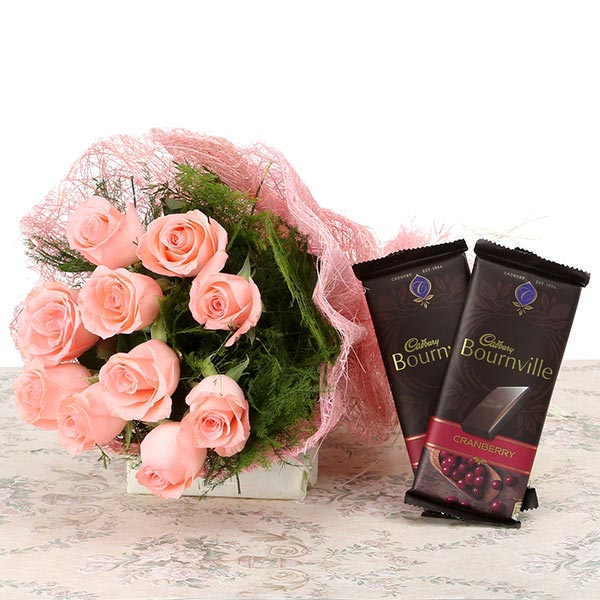 Send Pink Roses with Bournville Chocolates Online