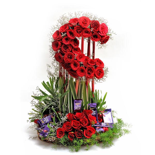 Send Red Roses Basket Arrangement with Dairy Milk Online