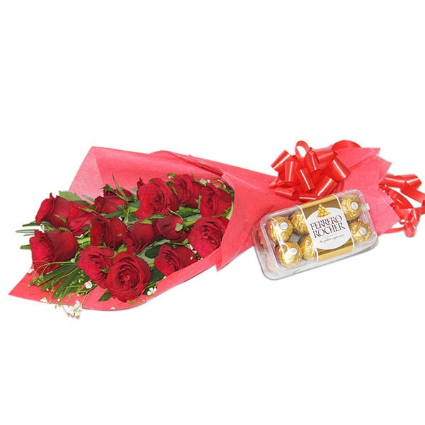 Send Red Roses Bouquet N Ferrero Rocher Chocolates Online