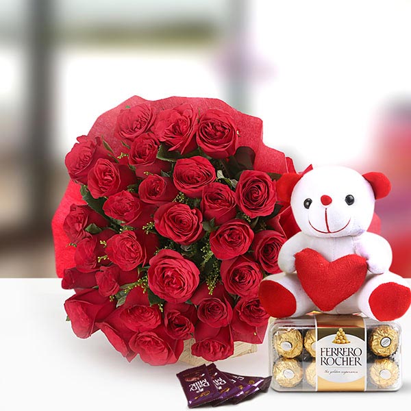 Send Vibrant Red Roses with Teddy N Chocolates  Online