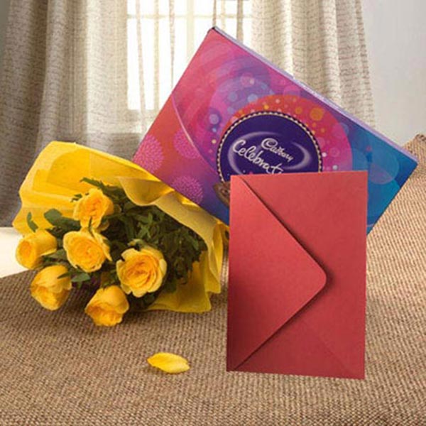 Send Yellow Roses Bouquet with Greeting Card N Dairy Milk Online